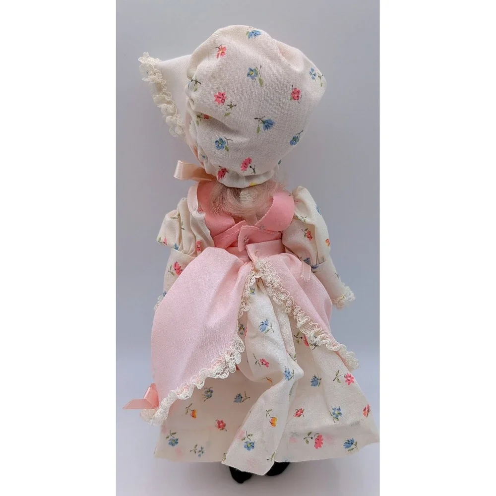 Vintage 11 Inch Collectible Doll Floral Lace Dress Pink Pinafore Bonnet Blonde